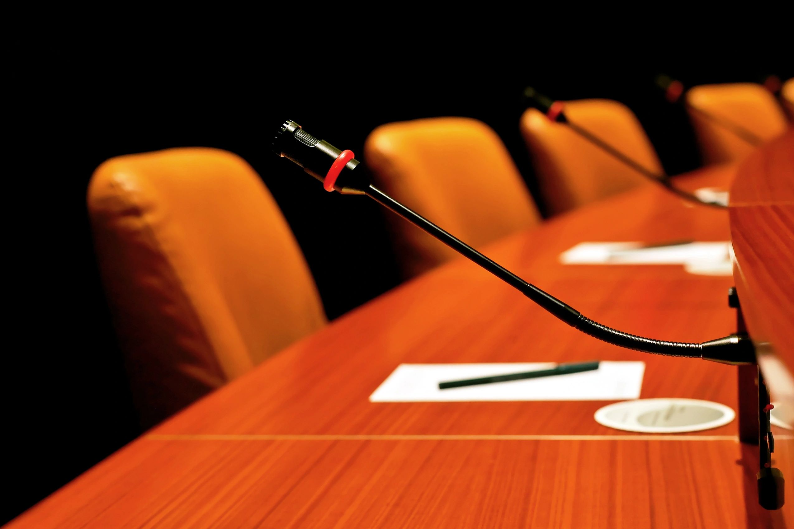Conference table with microphones