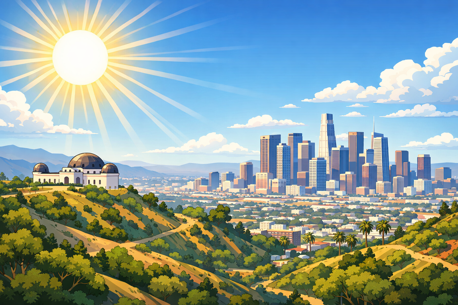 Los Angeles skyline with sun overhead